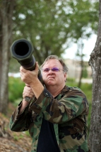 Joel D. Wynkoop (Dr. Jon Croft) posing with his bazooka during the photo shoot for the Pit Bulls and Zombies book cover.