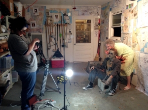 Late-night photo shoot for the CHOMP poster with Susan O'Gara (Millie), Kyle Porter (Kyle Frost) and director Lynne Hansen.